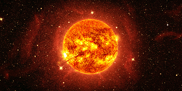 A bright orange blazing sun in the middle of dark outer space