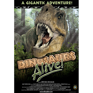 "Dinosaurs Alive" movie poster with t-rex popping out of a jungle