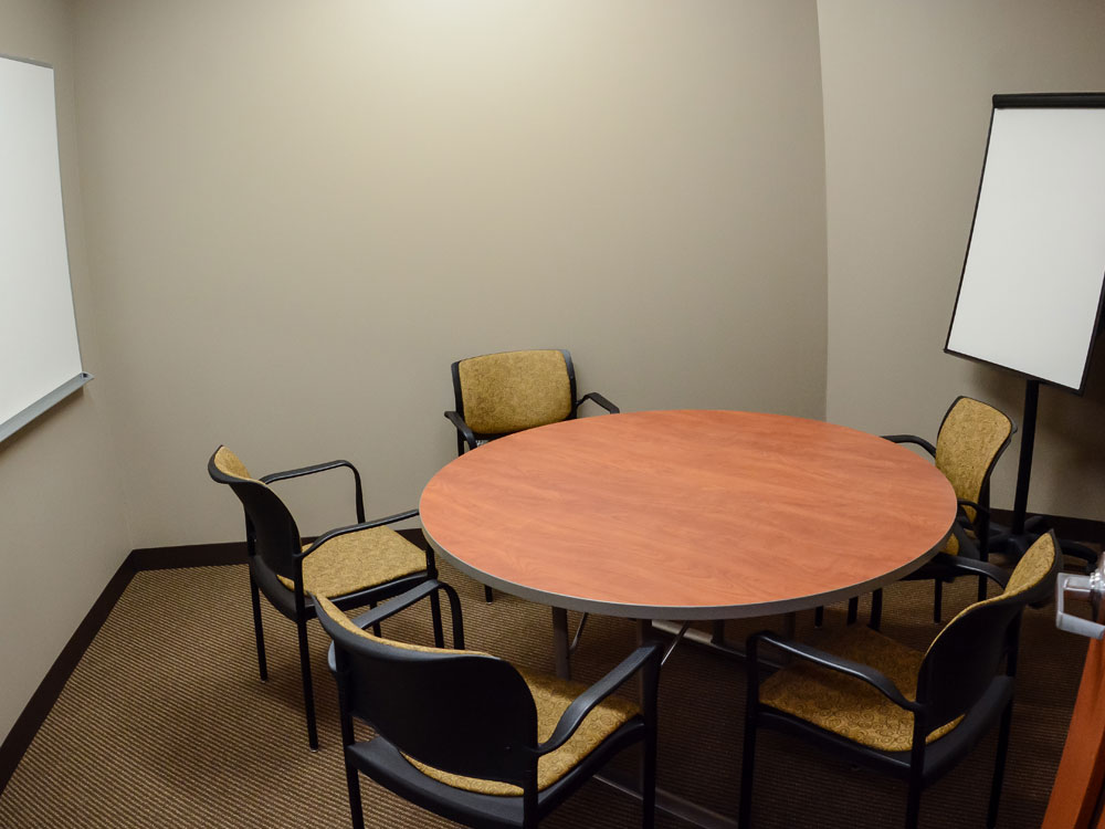 a view inside a small meeting room