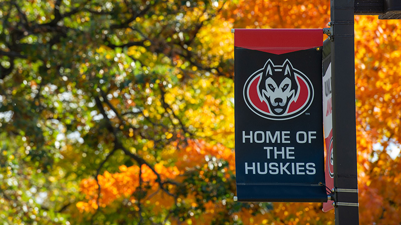A SCSU banner hangs on campus with fall leaves on trees