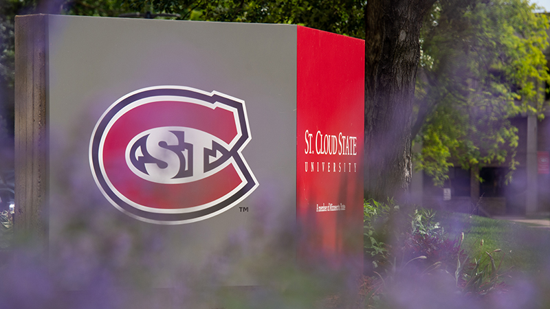 Big red SCSU sign outside of Administrative Services building