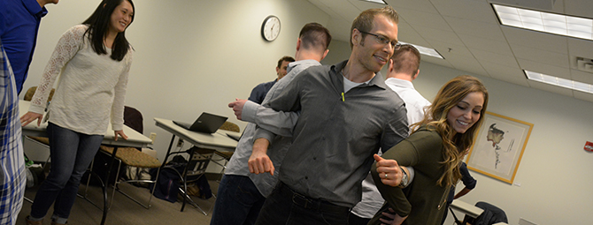 St. Cloud State psychology students participate in a team-building activity.