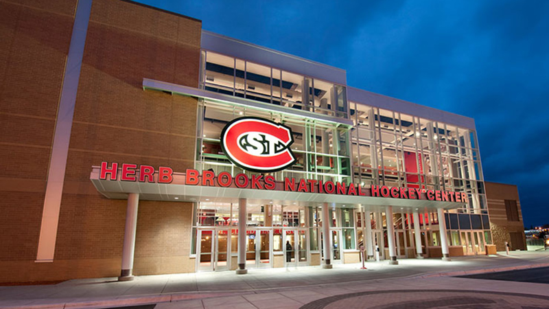 Main entrance of Herb Brooks Hockey Center at night