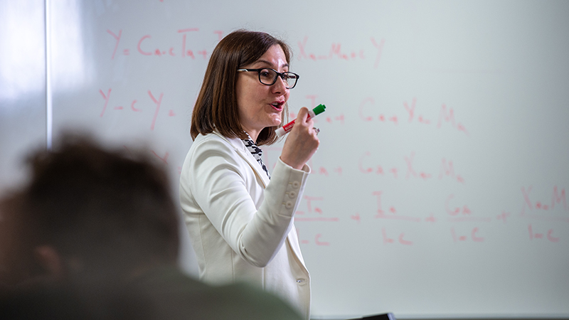 Dr. Komai-Molle teaching an economic class