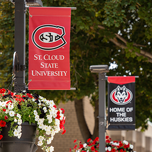 SCSU banners on campus light posts