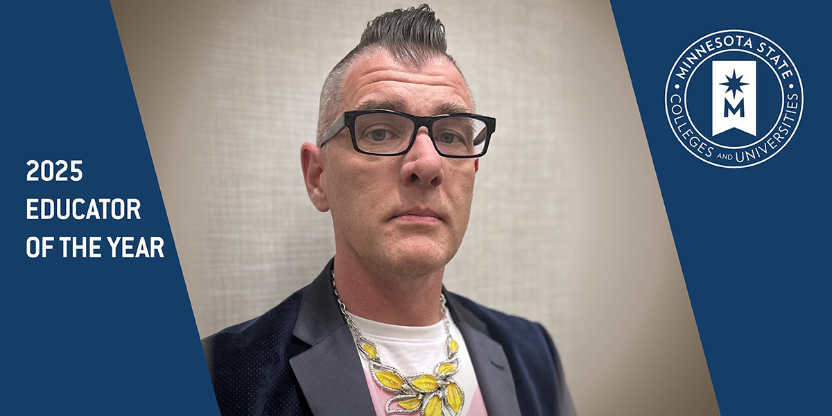 A graphic with the words 2025 Eductor of the Year and the Minnesota State logo features J. Scott Baker, a man in glasses and a blazer with a mohawk