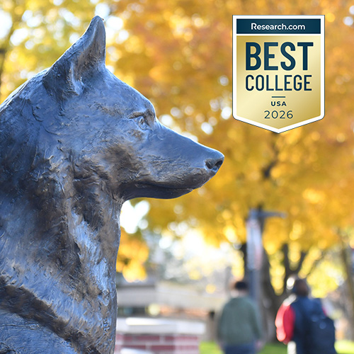 The head of the Blizzard statue in Husky Plaza is shown in a side profile with orange leaves in the background and a best colleges USA 2026 ranking badge in the corner