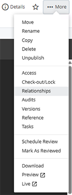 the page relationships menu option under the More menu