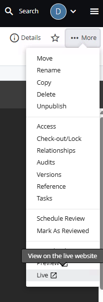 the view live on a website menu option under the More menu